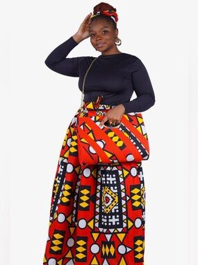 African Print Maxi Skirt, Handbag & Headwrap Set